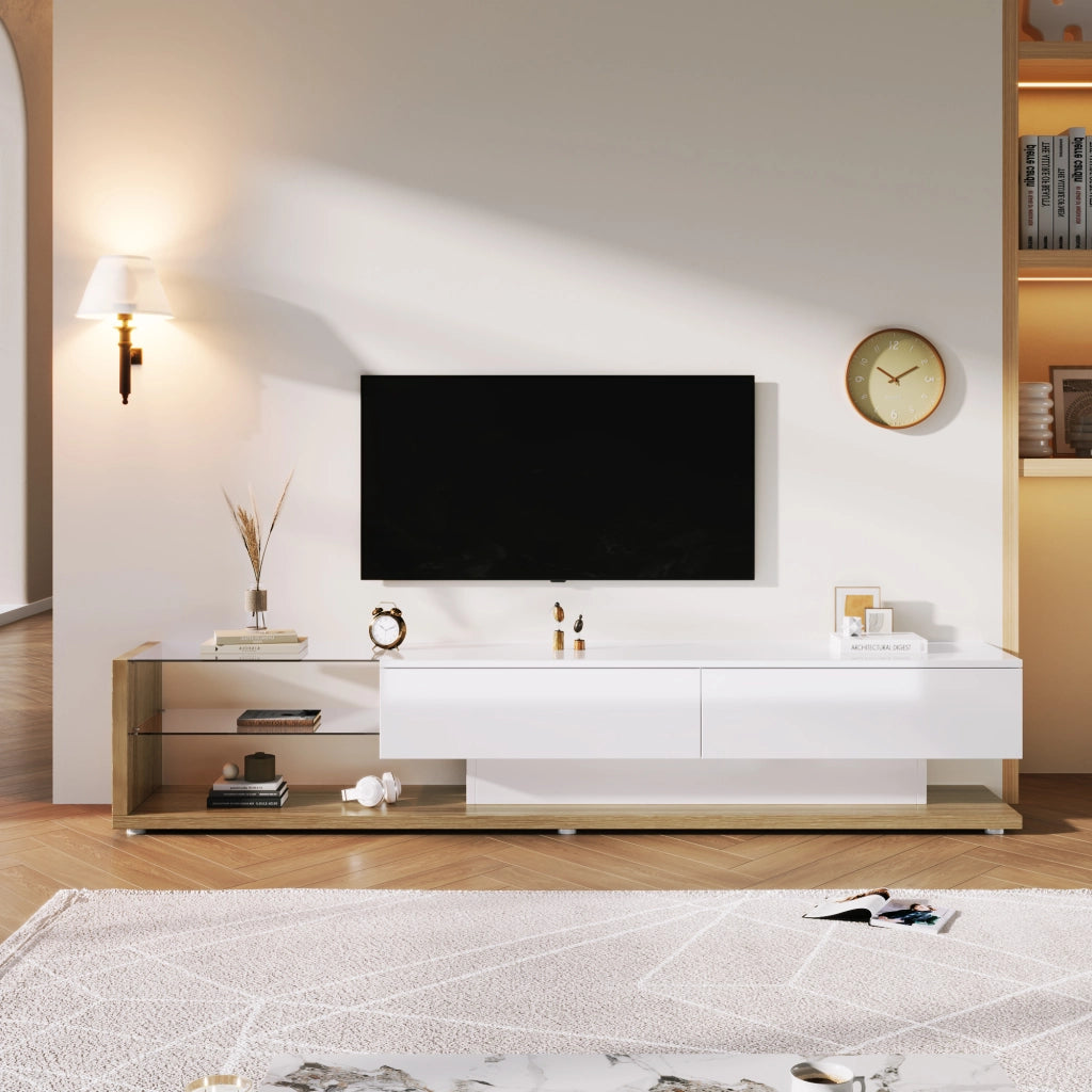 Mobile TV con LED ¨C MINIMAL ¨C Bianco Lucido e Legno, Ante in Vetro