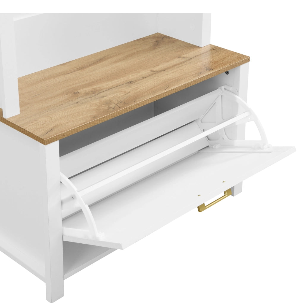 Appendiabiti da ingresso multifunzione con scarpiera; ripiano e ganci; 195 x 75 x 35 cm; MDF bianco e legno