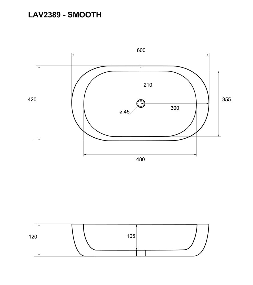 Lavabo da appoggio senza troppo pieno 59x42x9,5cm Bianco Mues Smail