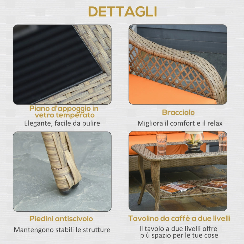 Set Salotto Giardino Polyrattan 2 Poltrone Divano 2 Posti Tavolo Cuscini ¨C Xylo ¨C Khaki Arancione