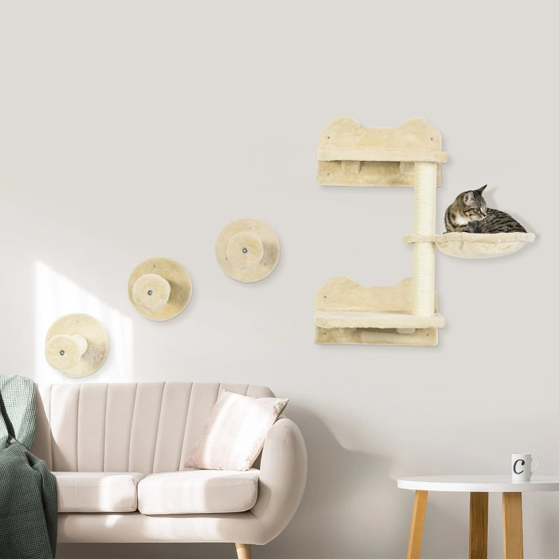 Set da parete per gatti 4 pezzi con tiragraffi, amaca e piattaforma, colore beige