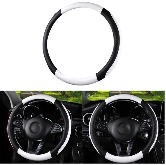 Stuoia per auto, pelle, antiscivolo, protezione universale dello sterzo, elastico, impermeabile, protezione dello sterzo, auto, accessori decorativi (nero + bianco)