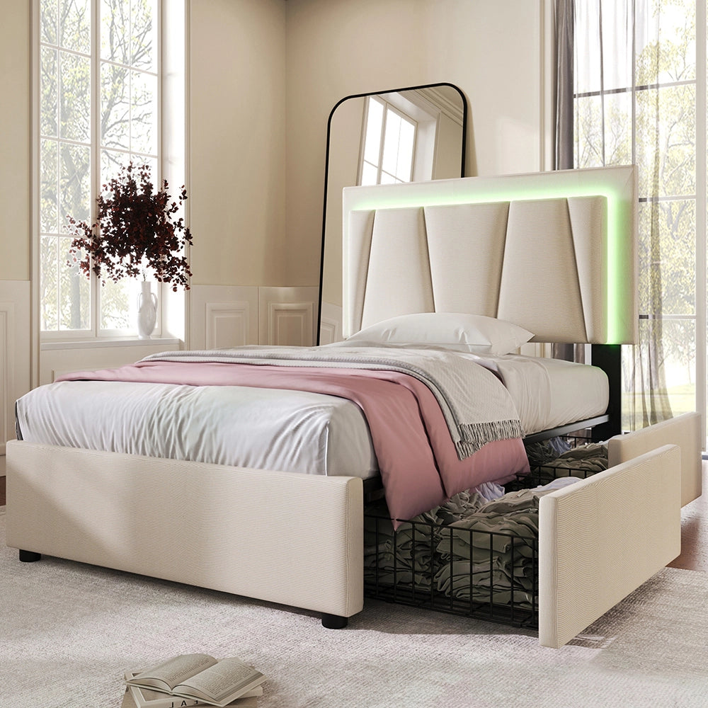 Letto singolo imbottito - Xylo - 90x200cm - Beige - LED e 2 cassetti