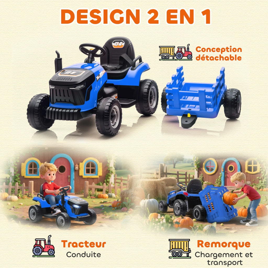 Tracteur elettrico per bambini con rimorchio ¨C zephmum ¨C blu 139x58x55cm