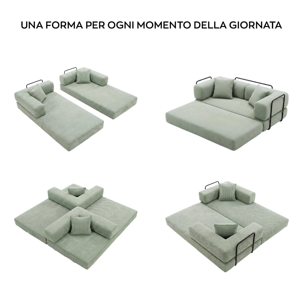 Sey - Divano Letto Pieghevole 180x72x90 cm Convertibile 4 in 1 con Cuscini Rivestimento Lavabile in Tessuto Salvia