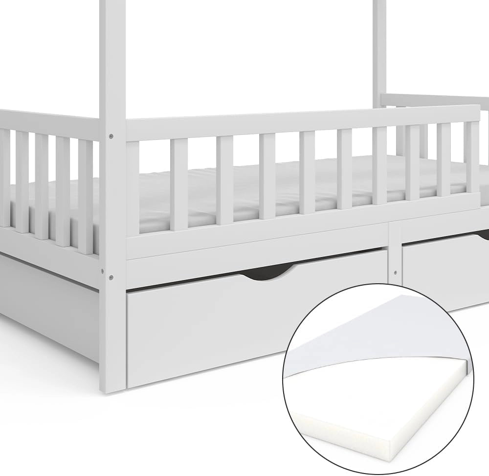 Letto montessori bambini Franka, Bianco, 90x200 cm con 2 cassetti e materasso, adatto per materassi fino a 90x200 cm e combinabile