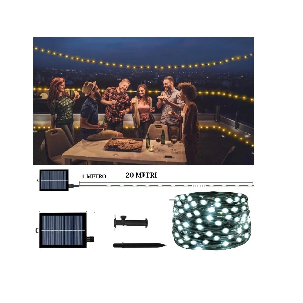 Luci di Natale catena da esterno 20 mt di 200 micro LED a ricarica Solare e USB luce Fredda cavo Verde