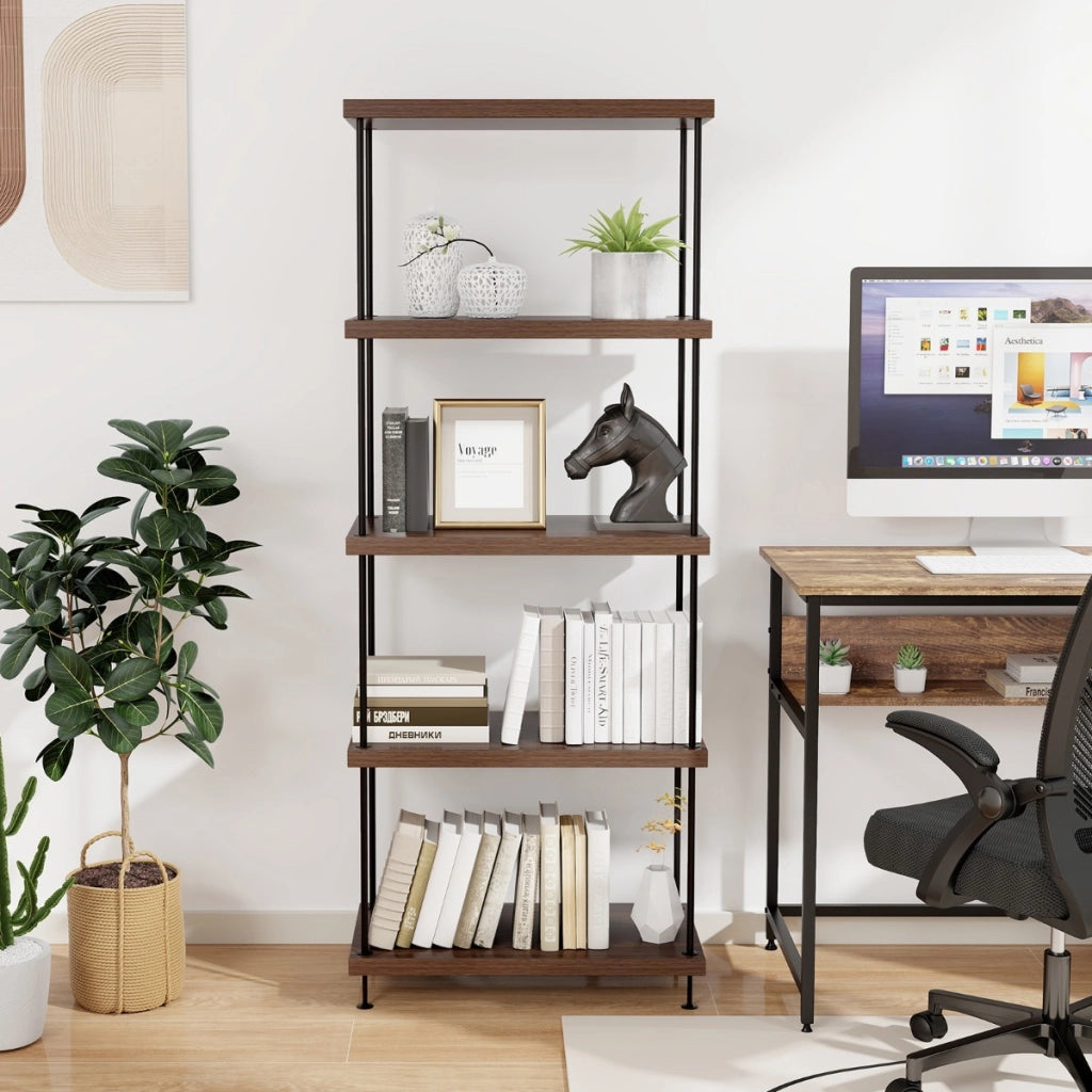 Scaffale multiuso a 5 ripiani con struttura in metallo-Libreria autoportante con stile industriale Noce 60x29,5x147cm