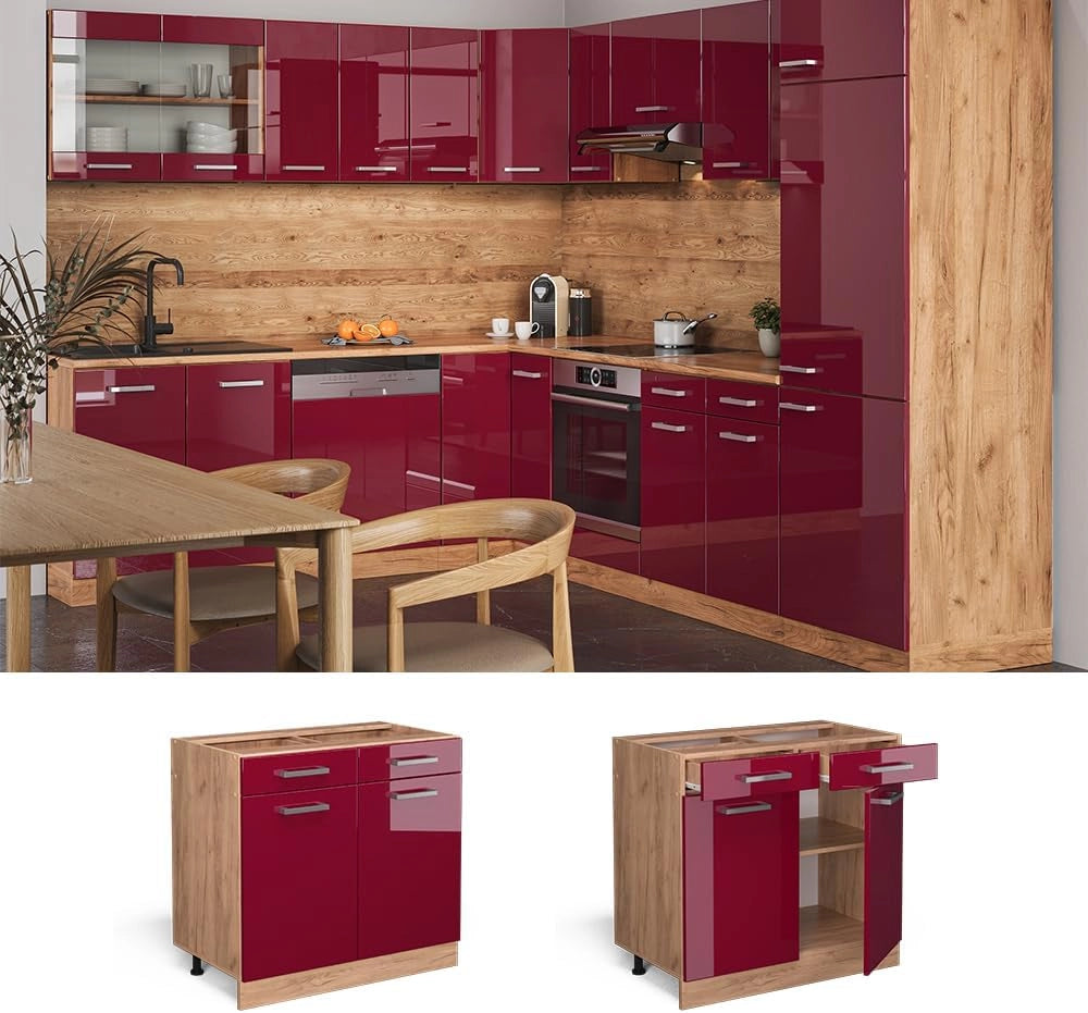 Mobiletto base per cucina R-Line, Rosso lucido, 80 cm senza piano di lavoro, per la libera combinazione all'interno di sistemi cucina modulari