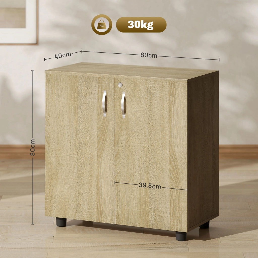 Armadietto da Ufficio Multiuso 2 Ante 80x40x80 cm con Serratura Rivestimento in Melamina Rovere