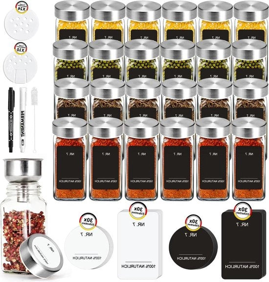 Set di contenitori quadrati per erbe con dispositivo di dispersione - 24 dispersori per erbe in acciaio inossidabile - 120 ml - set con imbuto e etichetta - organizzatore di erbe - comodo per la cucina Contenitori quadrati per erbe