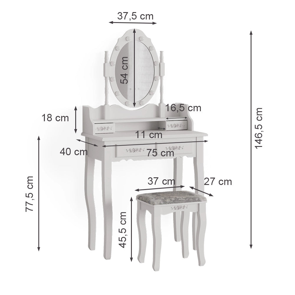 Vicco Tavolo da toeletta Bianco 75 cm con illuminazione LED e sgabello