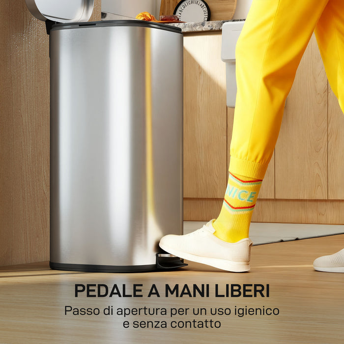 Pattumiera a Pedale 29x36x59,5 cm da 30L con Secchio Rimovibile in Metallo e PP Argento