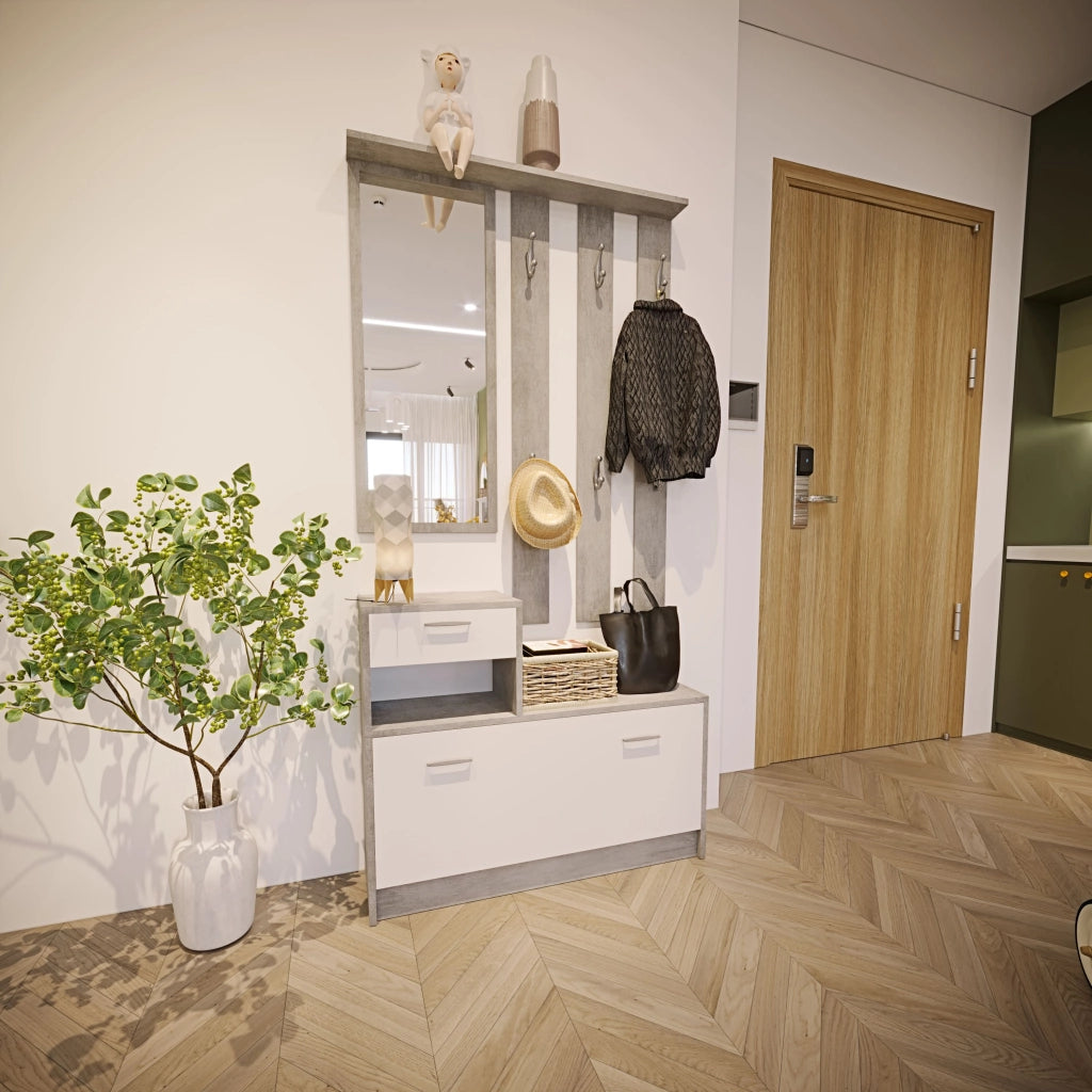 Mobile Belem Mobiletto da Ingresso con Scarpiera Appendiabiti e Specchio Arredo Arredamento Corridoio Entratina 97 x 35 x 25 cm (Bianco e Grigio Cemento)
