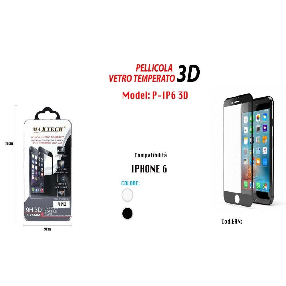 Trade Shop - Pellicola Per Iphone 6 In Vetro Temperato 3d Ultra Liscia Maxtech P-ip6 3d -