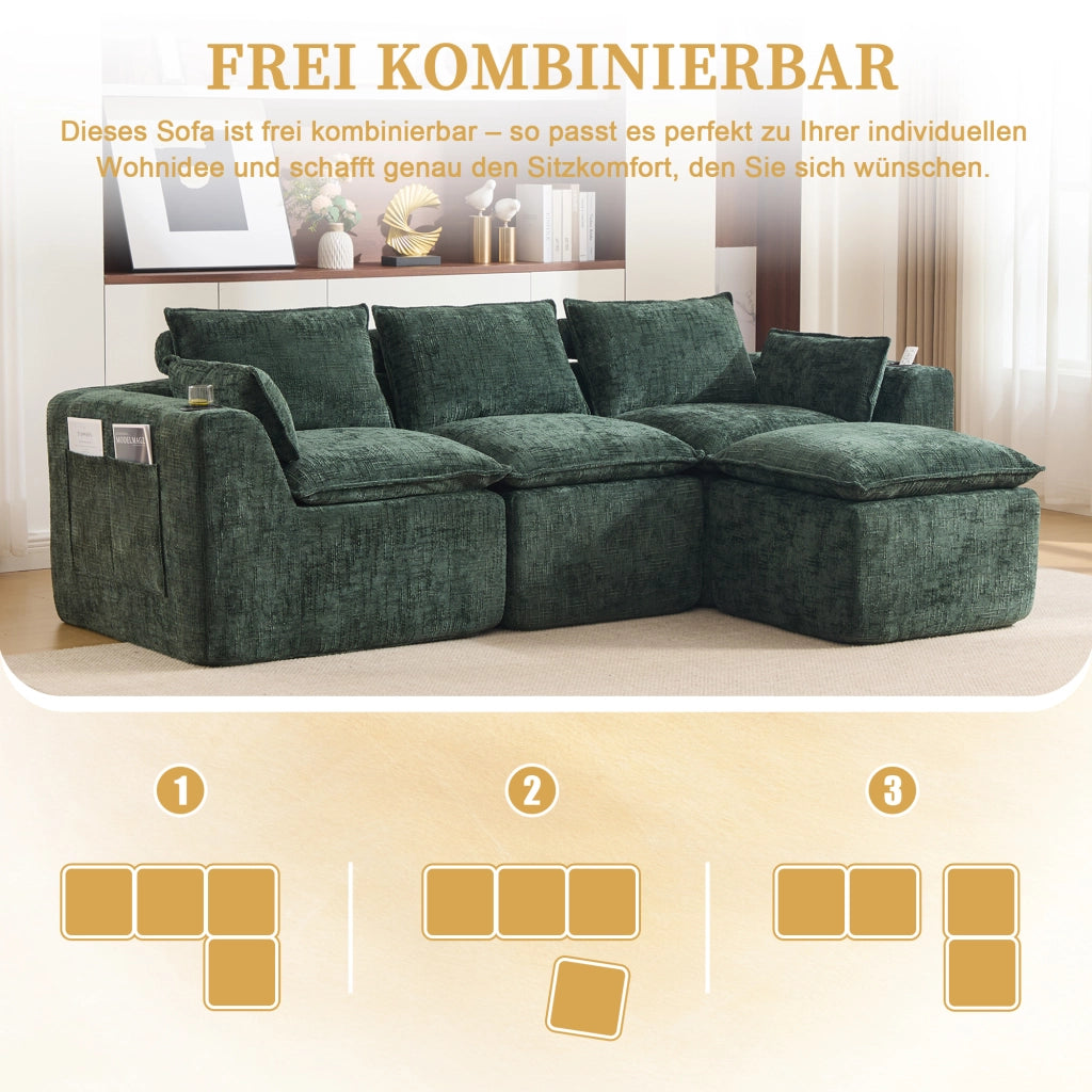 Divano modulare 3 posti con pouf contenitore e tasche laterali in chenille verde
