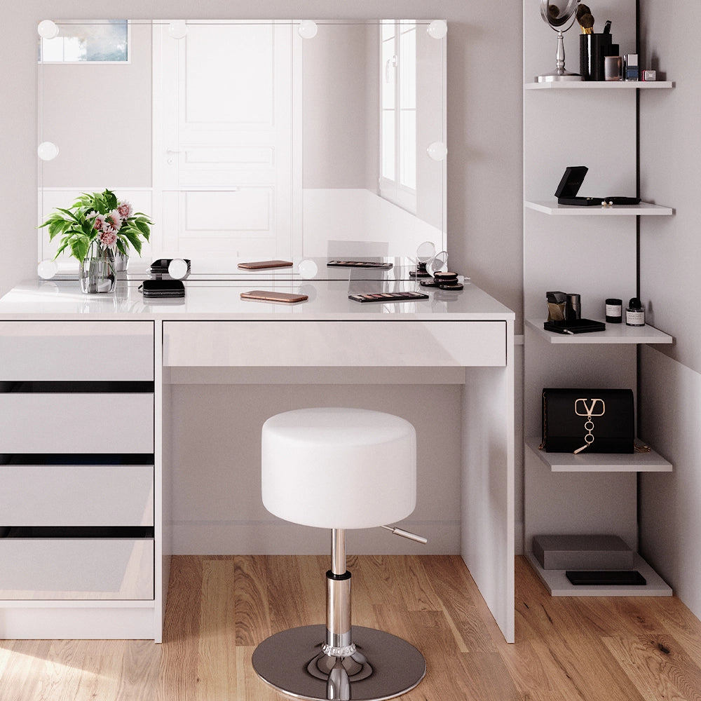 Vicco Tavolino da toilette Bianco 4 pezzi, con ripiano portaoggetti, specchio, sgabello, LED