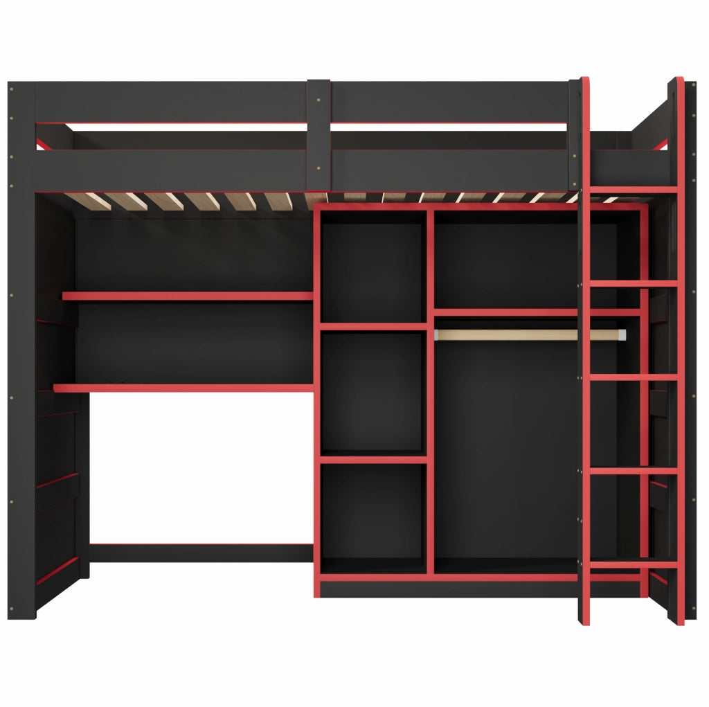 Letto a castello gaming in legno 90x200 cm con scrivania, armadio, LED e porta USB, nero e rosso