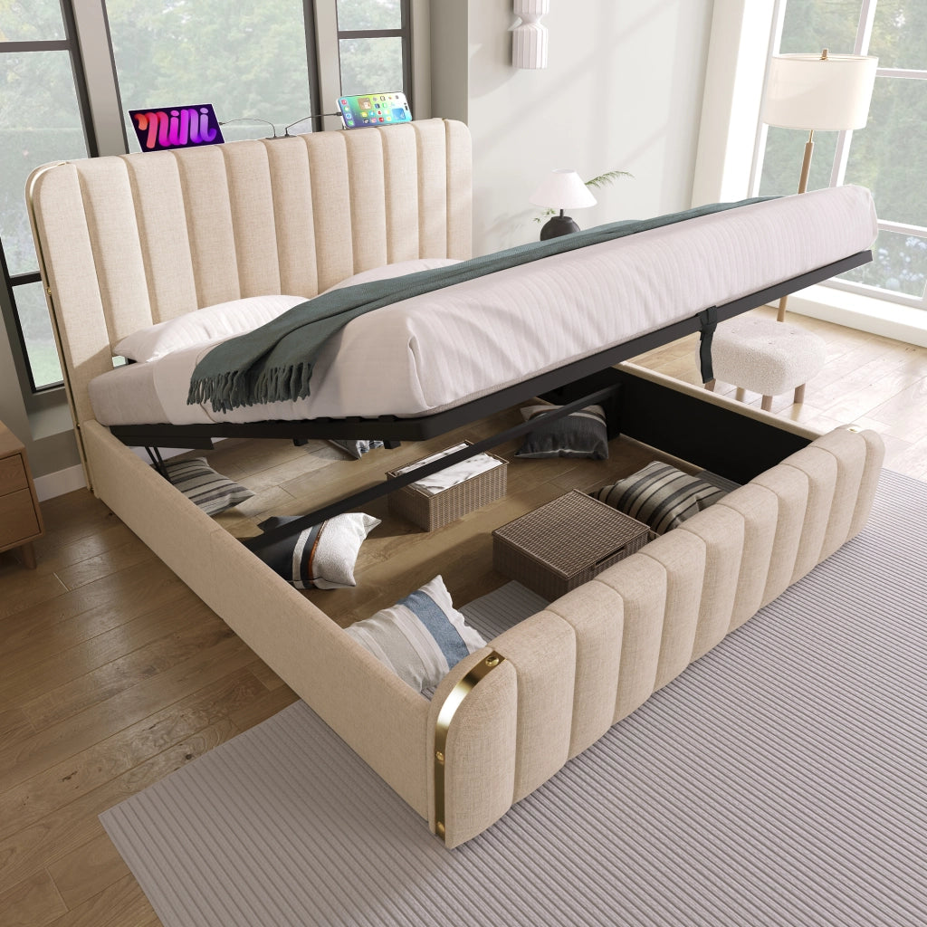 LETTO Contenitore 160x200 cm in lino beige con ricarica USB e Type-C