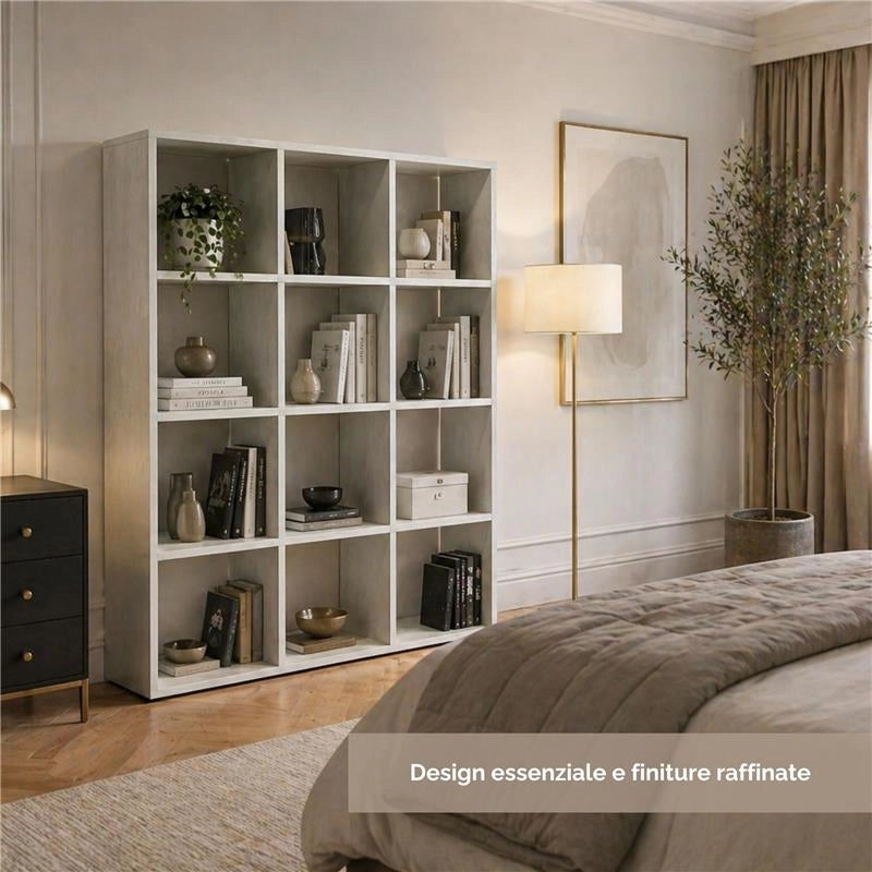 LIBRERIA CUBICA IN LEGNO BIANCO MODERNA CON 12 RIPIANI DIMENSIONI 90X24X130 CM