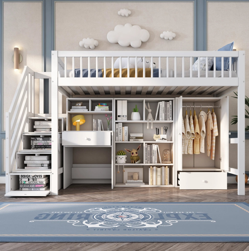 Letto a soppalco per bambini 90x200 cm con scrivania, scala e armadio bianco