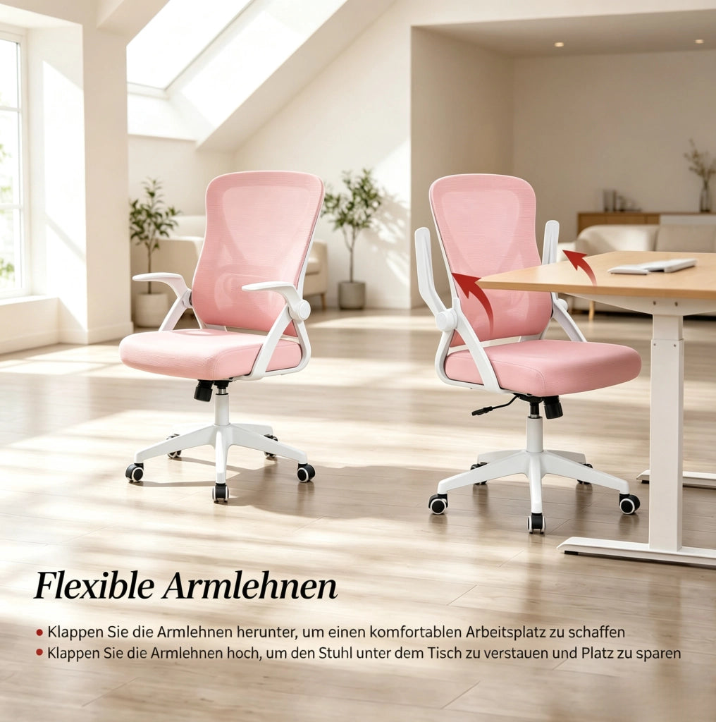 Sedia da ufficio ergonomica rosa con schienale in rete e braccioli pieghevoli, altezza regolabile