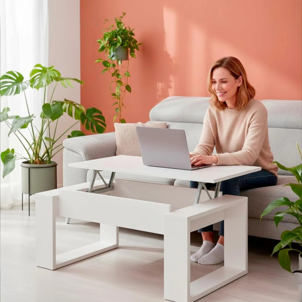 Tavolino Da Caffè Con Piano Sollevabile Rialzabile Tavolo Moderno Salvaspazio Per Soggiorno E Pranzo Ideale Per Mangiare Lavorare E Organizzare Il Living 105 X 55 X 45 Cm Bianco