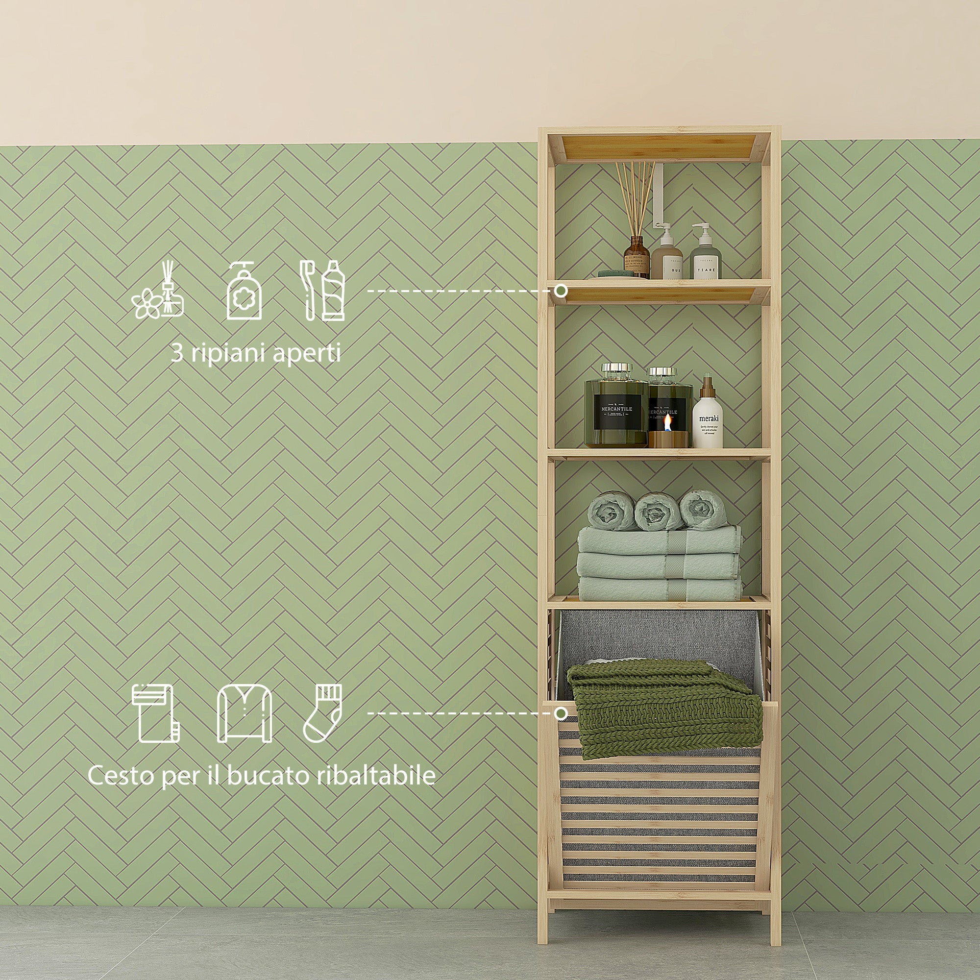 Colonna Bagno con 3 Ripiani e Cesto Portabiancheria in Tessuto 44x33x160 cm in Legno di Bambù