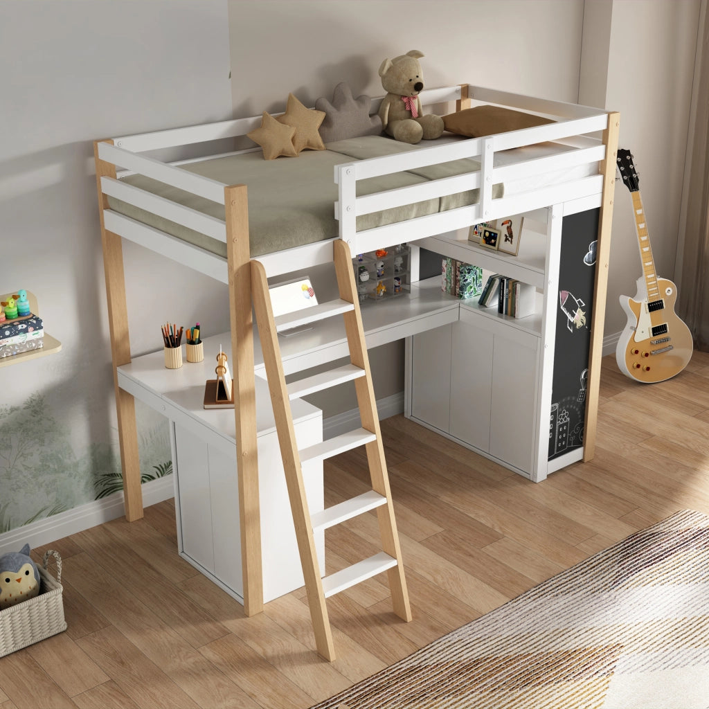 Letto a Soppalco per Bambini con Scrivania, Cassetto, Libreria e Lavagna ¨C MINIMAL ¨C Bianco/Legno 90x200