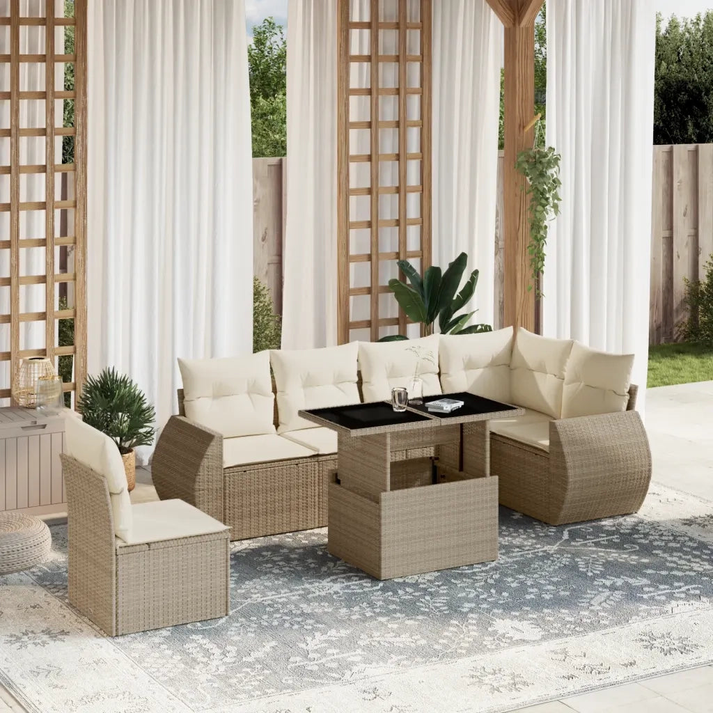 Set Divani da Giardino 7 pz con Cuscini Beige in Polyrattan