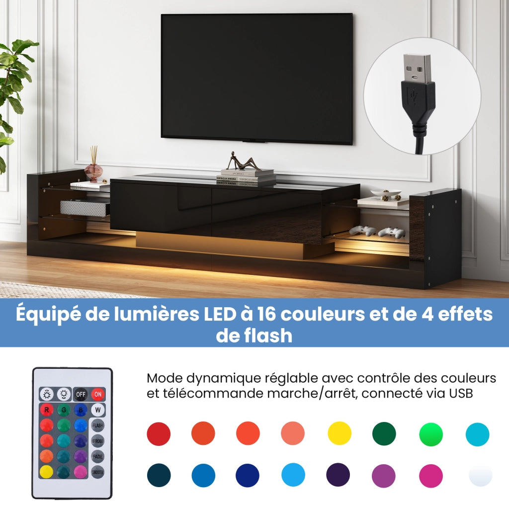 Mobile TV con 2 Cassetti a ribalta e LED per Soggiorno in Pannelli di Particelle 181×38×38 cm Nero