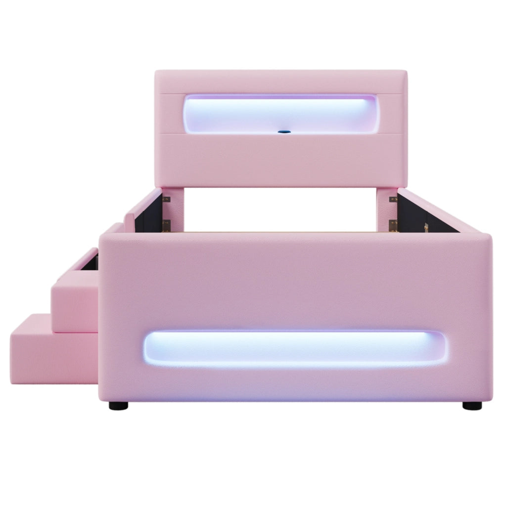 Letto piattaforma imbottito 90x200 cm rosa con cassetti, scala, luci LED e porte USB