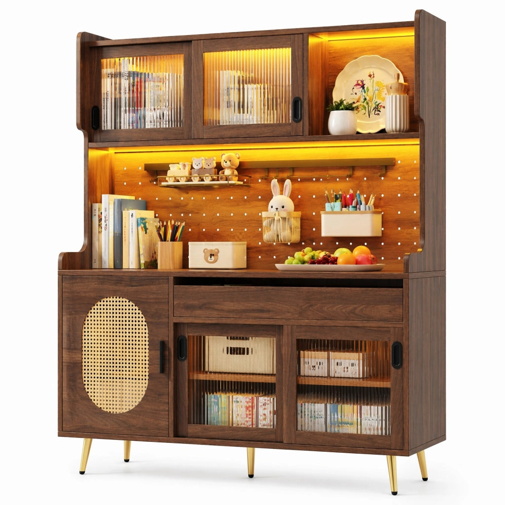Credenza LED con cassetti e pannello perforato per cucina e sala da pranzo; in MDF; marrone; 145 × 39 × 171 cm