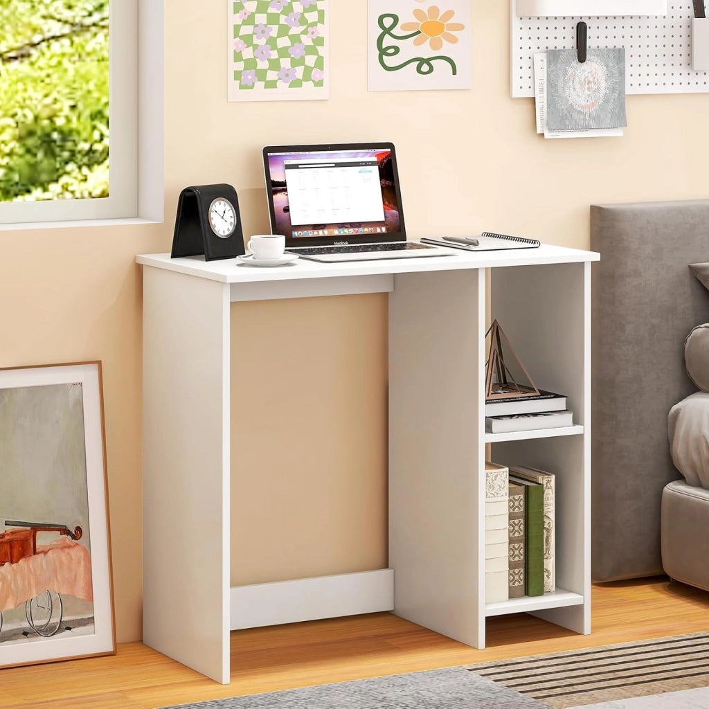 Scrivania per Computer in Legno con 2 Ripiani per Ambienti Piccoli, Scrivania Moderna e Salvaspazio da Casa e Ufficio, 80 x 40 x 74 cm (Bianco)