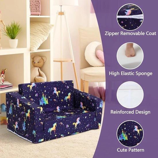 Sofa per Bambini Pieghevole, 2-in-1 Bancetto per Bambini con Tasca, Divano per Camera da Bambini, Regalo per Bambini, Unicornio Iridescente