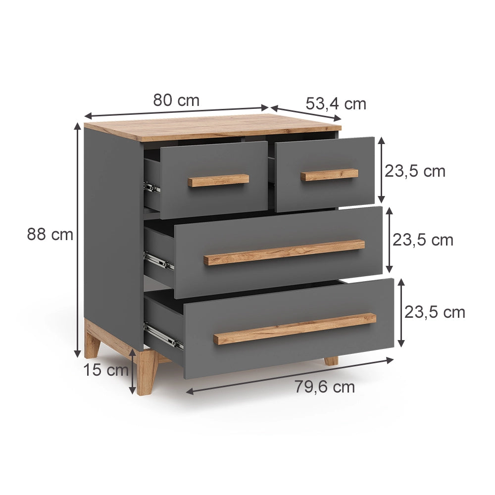 Vitalispa Cassettiera per camera da letto Grigio/Artisan 80 x 88 cm con 4 cassetti