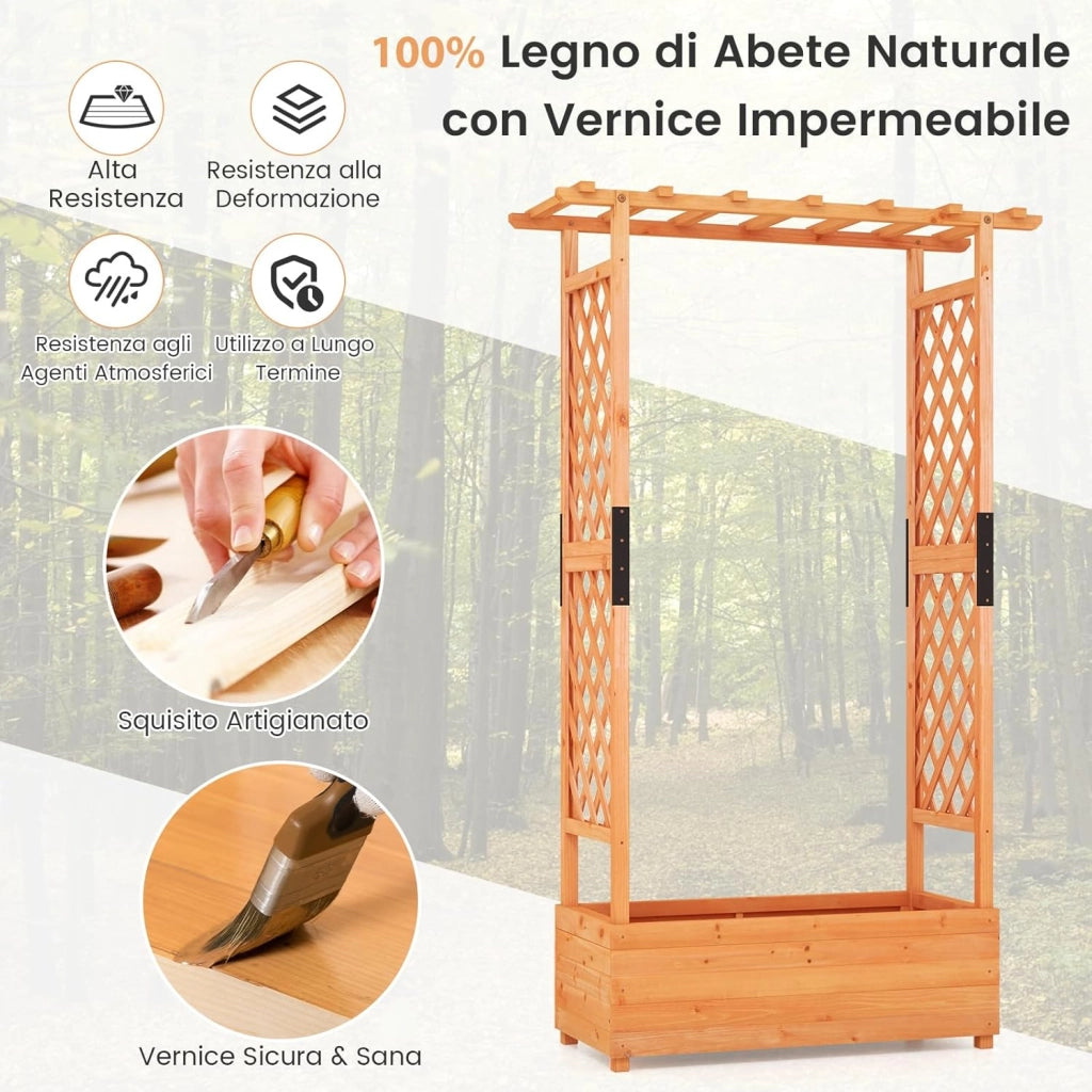 Aiuola Rialzata con Traliccio, Pergolato e Fori di Drenaggio, Fioriera Elevata da Esterno in Legno per Piante Rampicanti, Vite e Fiore,110 x 44 x 182 cm (Arancione)