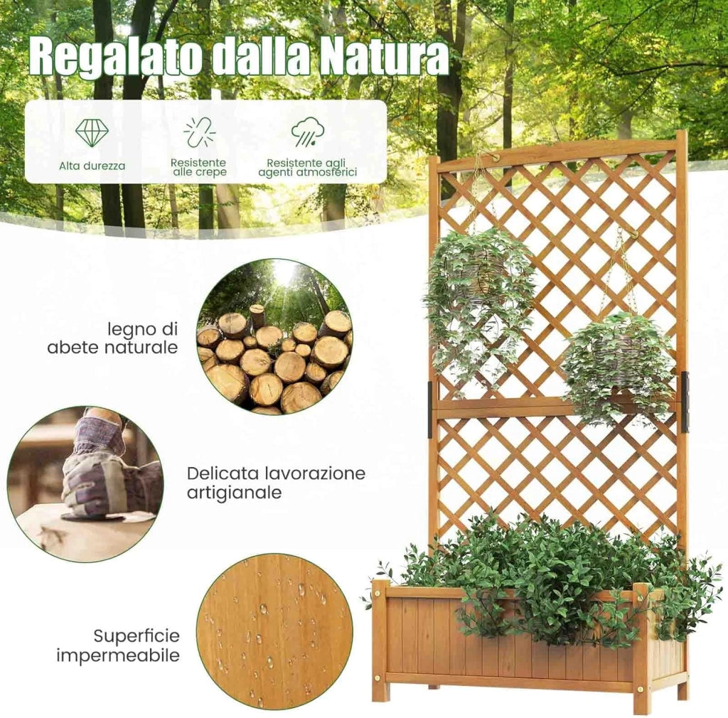 Fioriera da Esterno con Grigliato, Letto Rialzato in Legno con Traliccio e Fori di Drenaggio, Aiuola Rialzata per Piante Rampicanti e Fiori, 90 x 44,5 x 180,5 cm (Arancione)