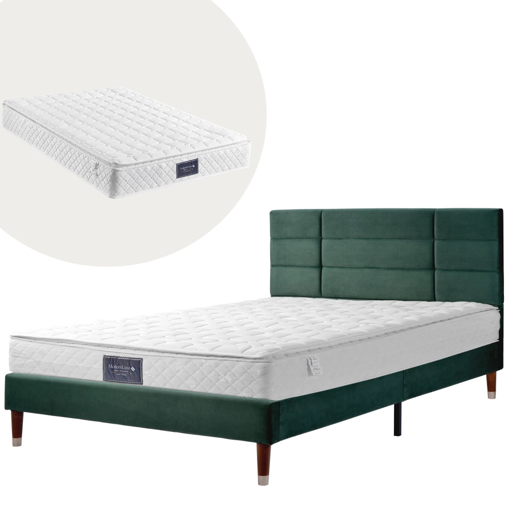 Letto imbottito matrimoniale 140×200 cm con testiera e materasso incluso; verde; velluto