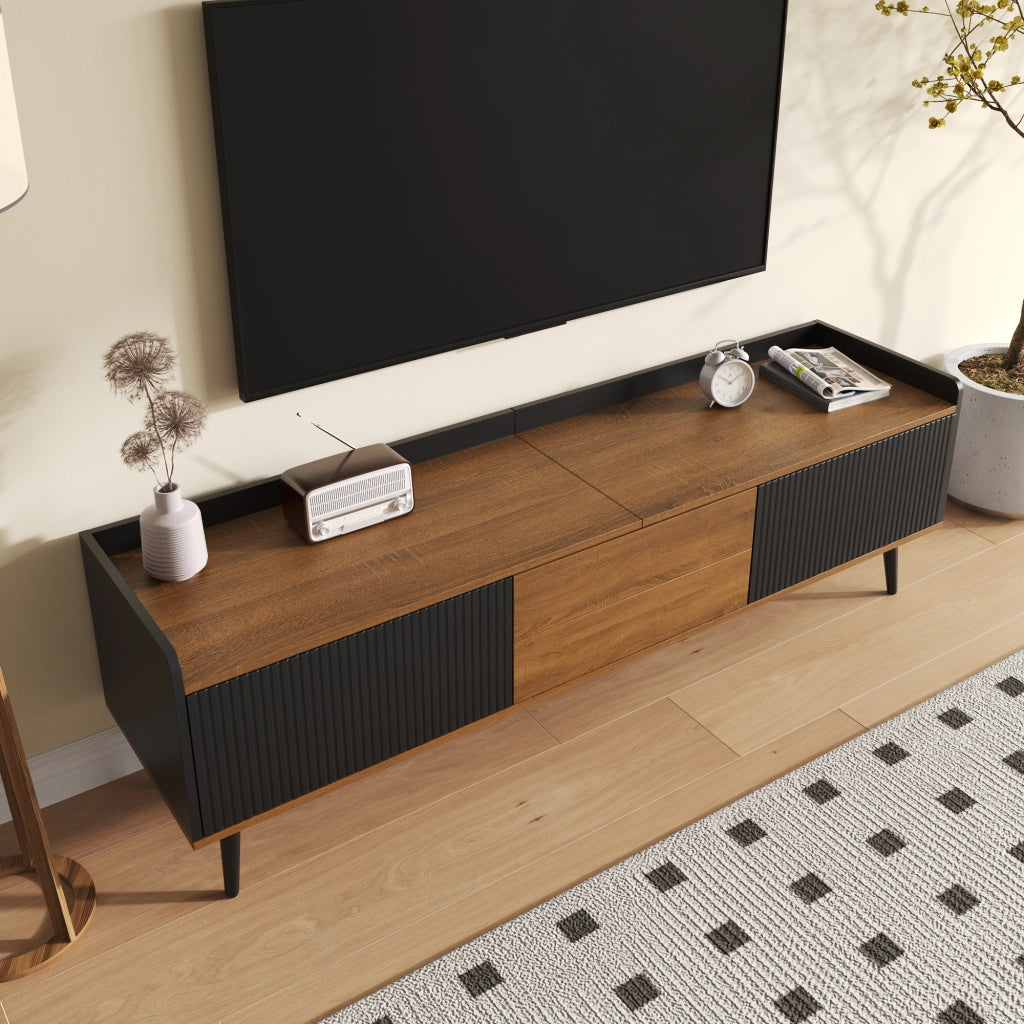 Mobile TV con 3 Ante e Bordo Superiore Rialzato; Ante a Righe; Stile Moderno; 160??39??49;5 cm; in MDF; Nero Naturale