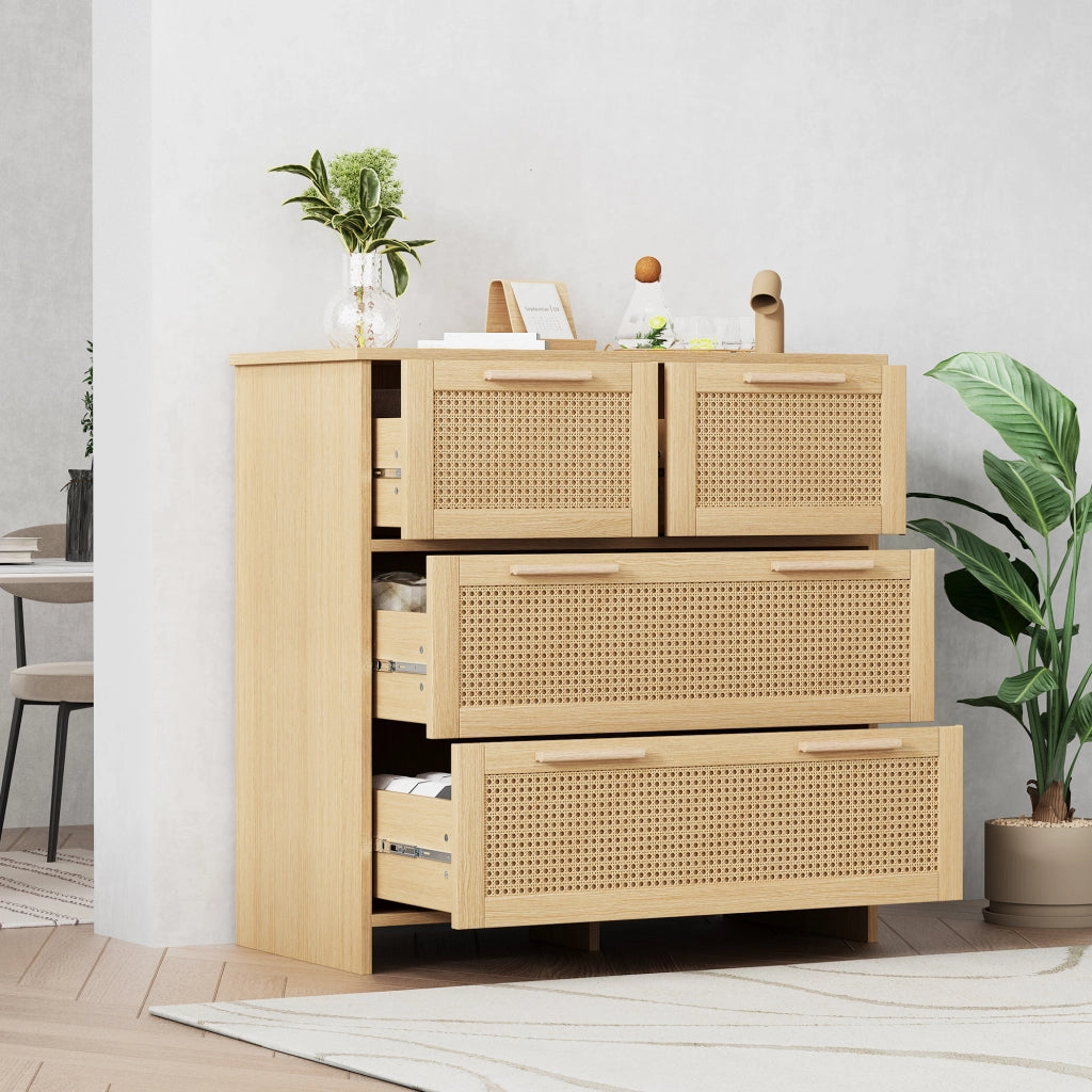Cassettiera naturale con 4 cassetti in rattan, 80 x 80 x 38 cm