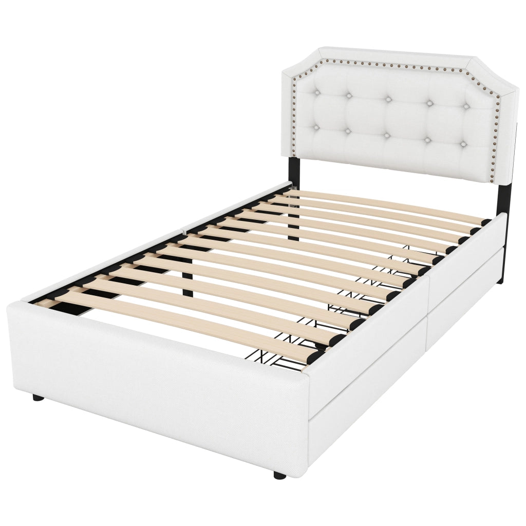 Letto basso imbottito con testiera regolabile; rivetti decorativi e 2 cassetti; MDF e lino; beige chiaro; 90x200 cm