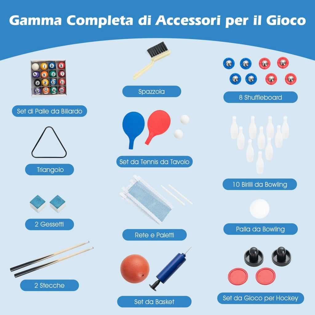 6 in 1 Tavolo da Gioco, Set Multi-Gioco con Basket Biliardo Ping Pong Hockey Shuffleboard Bowling, Tavolo da Gioco Salvaspazio per Feste Sala Giochi Soggiorno