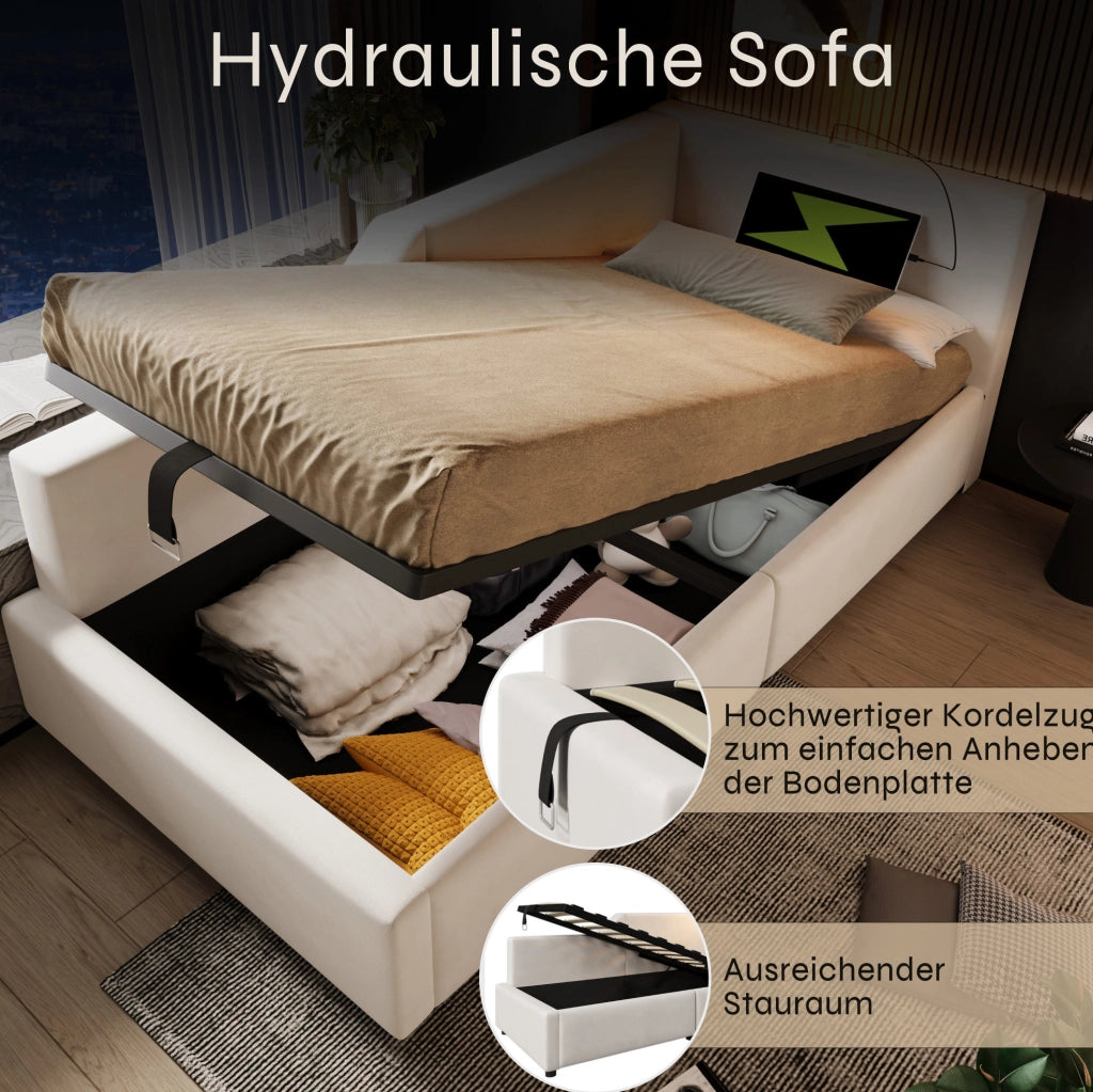 Letto da giorno 90x200 cm in velluto beige con vano e USB-C