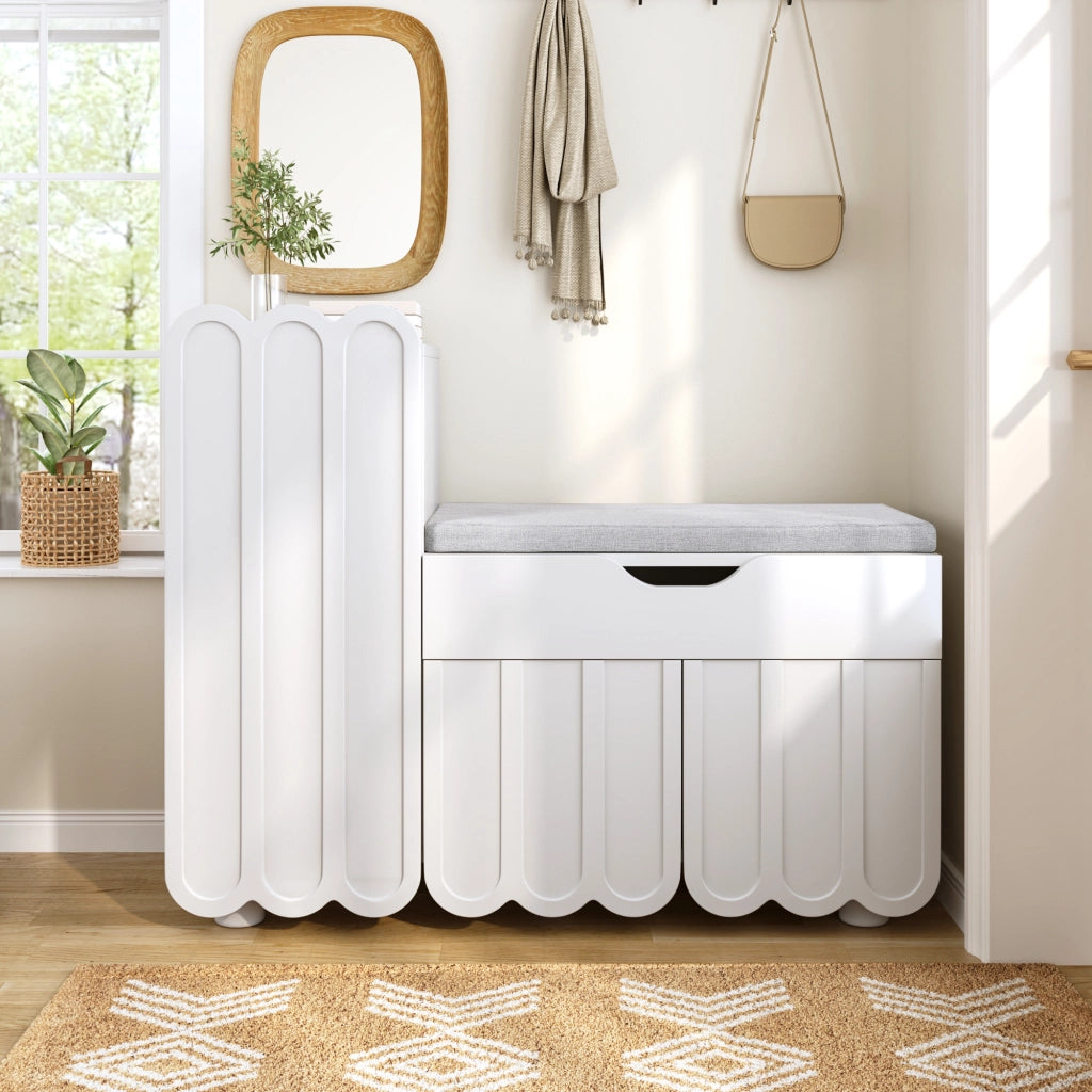 Scarpiera a 3 ante con cassetto e seduta imbottita in MDF bianco per ingresso 90 × 35 × 74,5 cm