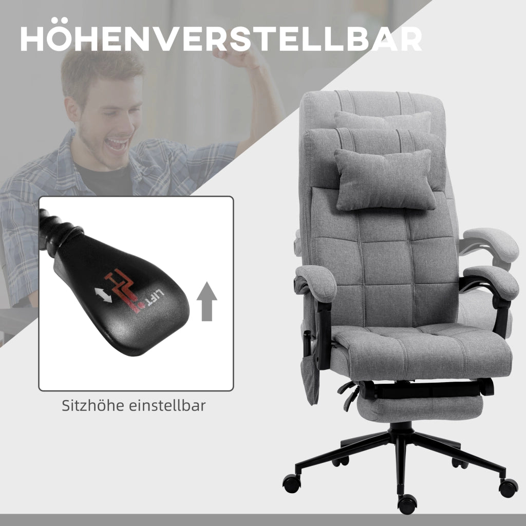 Sedia da ufficio massaggiante ergonomica con riscaldamento lombare, poggiapiedi e poggiatesta in acciaio grigio