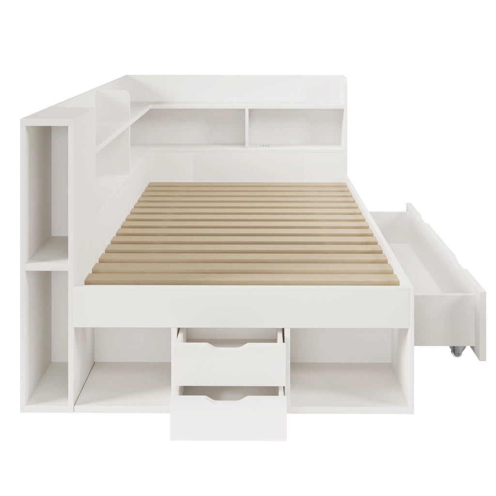 Letto singolo bianco 90x200 cm con materasso, LED, cassetti e ricarica USB