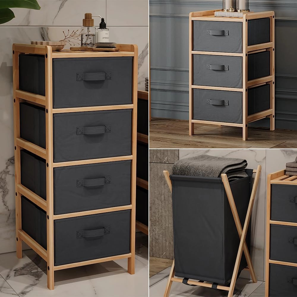 Set di mobili da bagno Bruno, Grigio, 3 parti, composto da 2 cassettiere e un cesto portabiancheria