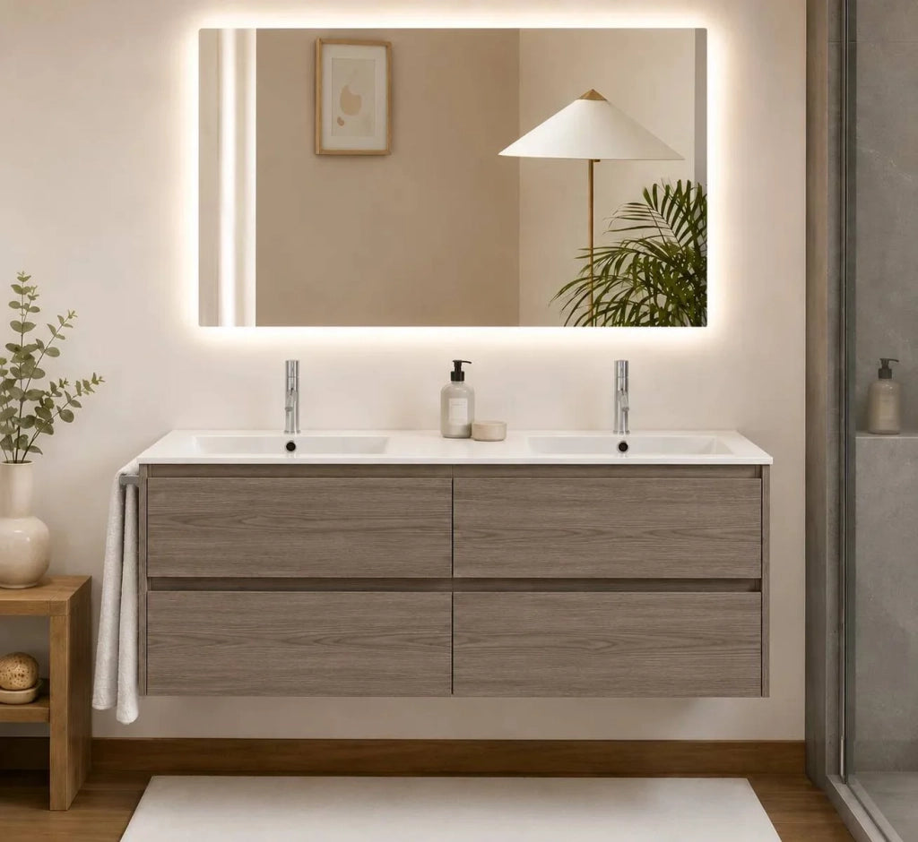 Mobile bagno componibile IBIZA QUATTRO con lavabo e colonna, senza specchio – Rovere smoky