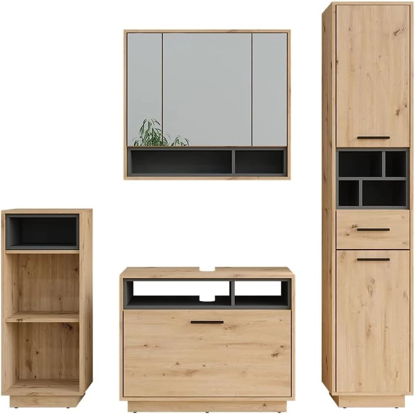 Set di mobili da bagno Beatrice, Rovere artigianale/antracite, 80 cm, composto da mobile lavabo, pensile a specchio, colonna e base media